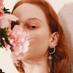 CZ STAR & MOON CHARM DROP EARRINGS with 925 silver